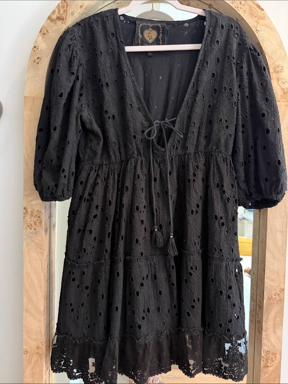 Z & L Black Eyelet V-Neck Tiered Peasant puff sleeve lined mini Dress lace trim